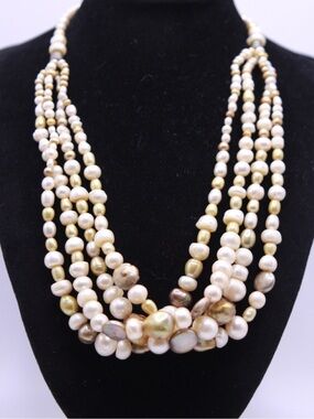Multi-Strand Genuine Pearl Necklace in Cream & Gold